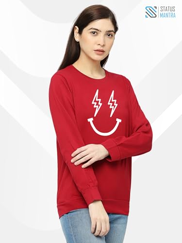Image of STATUS MANTRA Women's Cotton Round Neck Regular Fit Sweatshirt | Full Sleeves and Smile Printed | Comfort Colour T-Shirt | Available in Multicolor & Size Small to 2XL
