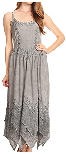Image of Sakkas Rayon Embroidered Stonewashed Adjustable Spaghetti Straps Long Dress