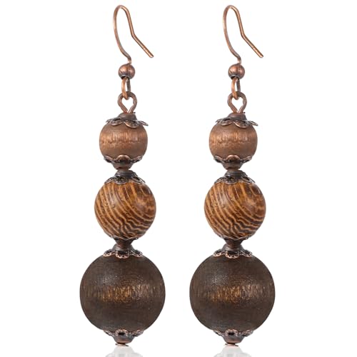 Ymapinc Boucles d'oreilles Boho, Boucles d'oreilles pendantes en bois marron avec perles pour femmes, bijou long bohème vintage ethnique léger en bois,...