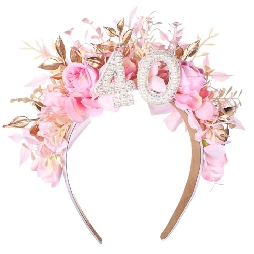 PartyforU Rosa Stirnband zum 40. Geburtstag – Handgefertigte Krone zum 40. Geburtstag mit Blumen für Frauen zum 40. Geburtstag Feier Geschenk fabelhafte Party