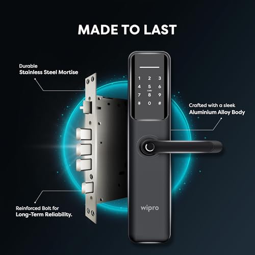 Image of Wipro Smart Door Lock Aura Pro | 6-Way Unlocking | 5 Bolts | Fingerprint, PIN, Access Card, Guest Unlocking via OTP, Mobile App | Pin Decoy, Alerts | IP65 Waterproof | 2 Yr Warranty | Black