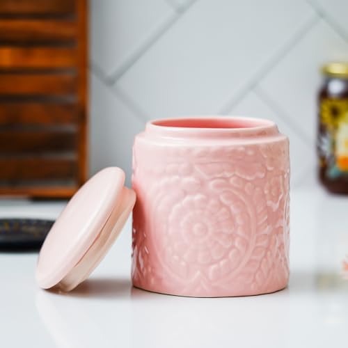 Image of Ceramic Storage Jar for Kitchen 800 ml | Ceramic Container for Tea, Coffee, Sugar & Spices | Airtight Pickle /Barni Jars with Lid | Multipurpose Countertop Food Storage Canister for Home | Pink