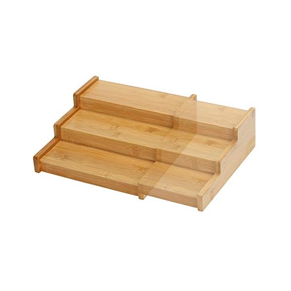 Lustiger Chef Bambus Holz Gewürzregal Ausziehbar Leer, Gewürz Organizer Aufbewahrung, Gewürzständer für Arbeitsfläche, Tisch, Küche, Verstellbares 3 Etagen Stufen Kräuterregal für Schrank Ordnung