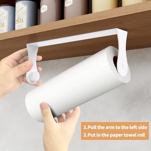 Image of Paper Towel Holder Under Cabinet, White Kitchen Accessories Decor, Wall Mount, White Paper Towel Holder for Bathroom, Stainless Steel, Adhesive or Screws