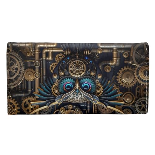 Mechanical Owl Bird Long Wallet for Women Steampunk Gears Pipes Printed PU Leather Slim Clutch Purse Wallet, Retro Victorian Clockwork Art Zipper Phone Organizer3
