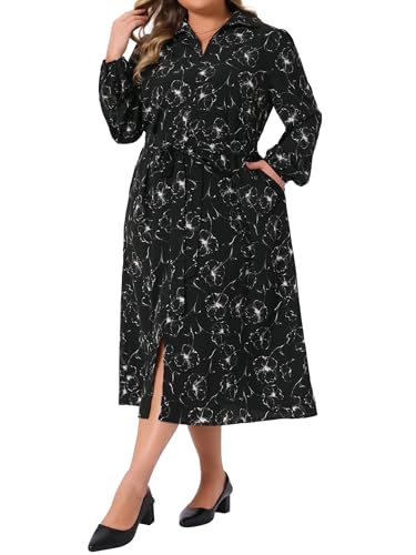 Agnes Orinda Plus Size Womens Polo Long Sleeve Belted Midi Dress Flowy Floral Pattern Dress with Pockets Casual Fall