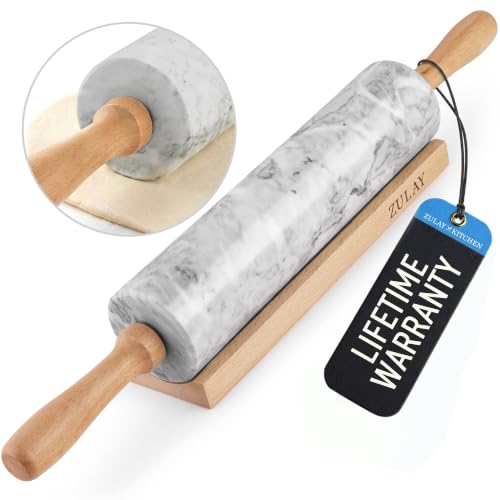 Zulay Kitchen 17-Inch Marble Rolling Pin With Stand - Polished Marble Rolling Pins For Baking With Long Beechwood Handle - Non-stick Roller Pin For Baking Pastries, Bread & Pizza