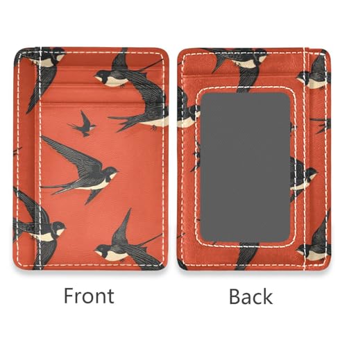 Black Swallow Red Pattern Retro leather small womens wallet slim With Cash Slot RFID Blocking card holders for Men and Women2
