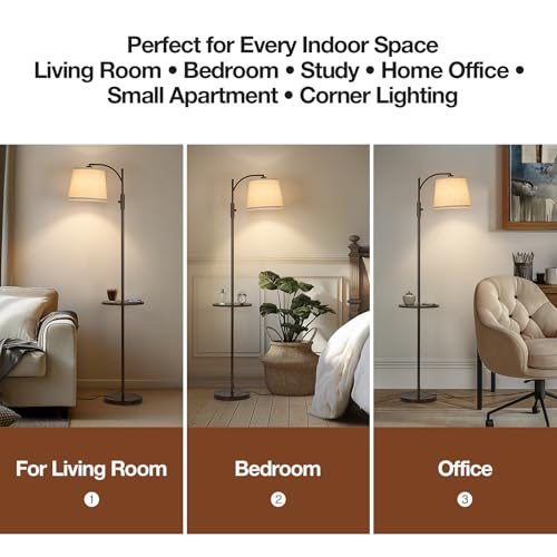 Image of AIDENOEY Fully Dimmable Floor Lamp for Living Room,Standing Lamp Rotary Switch with Table&Linen Beige Shade,Brown Tall Lamps for Bedroom with Adjust Head,9W LED Bulb Included