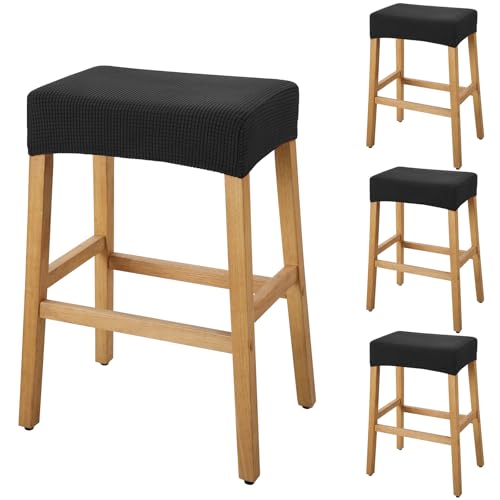 Image of YISUN Stool Covers Rectangle - 4 Pack Stretch Waterproof Saddle Seat Cover Counter Bar Stools Bar Chairs Covers Kitchen Island Chairs Cushion Protector (4, Black)