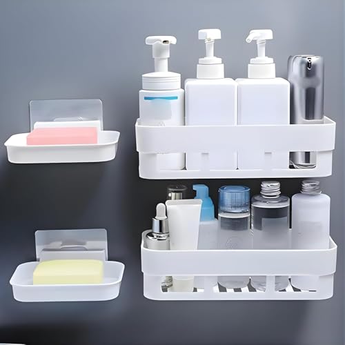 Image of TEKCOOL Bathroom Organiser, Self Adhesive Bathroom Shelf for Wall, Washroom Organizer, Bathroom Rack Stand Without Drilling, SOAD Dish Holder (2 Bathroom Shelf + 2 Soap Dish Holder),Plastic