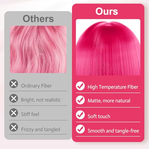 Image of MEEZY Hot Pink Short Bob Wigs Straight Hair with Flat Bangs Heart Sunglasses for Women, Colorful Funny Cosplay Daily Party Neon Wig Synthetic Natural As Real Hair Carnival Halloween Costume