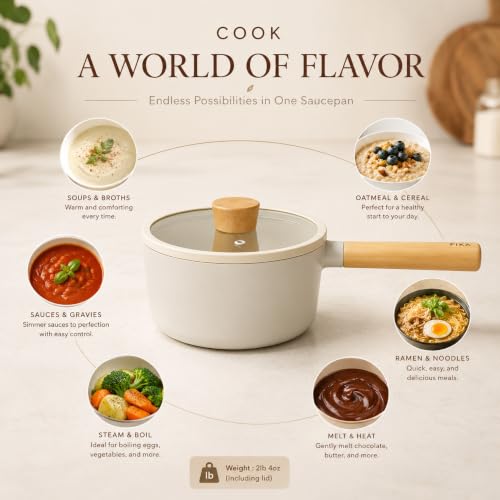 FIKA 1.7 Qt Nonstick Ceramic Coated Multipurpose Saucepan with Glass Lid, Induction Compatible Sauce Pan, Butter Warmer and Melting Pot, Natural Wood Handle, Made in Korea (7" / 18 cm) by Neoflam - Used condition - Image 4