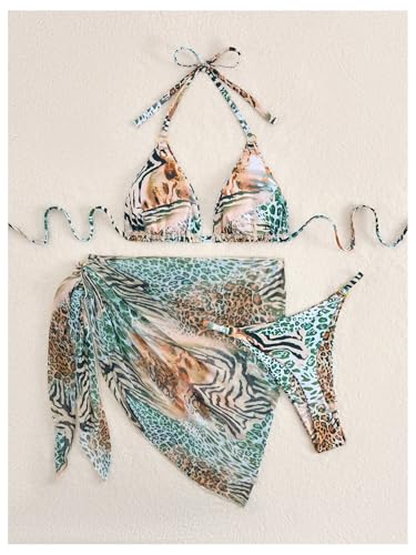 WDIRARA Women's 3 Pieces Bikini Set Leopard Print Halter String Swimsuit with Cover Up Skirt2