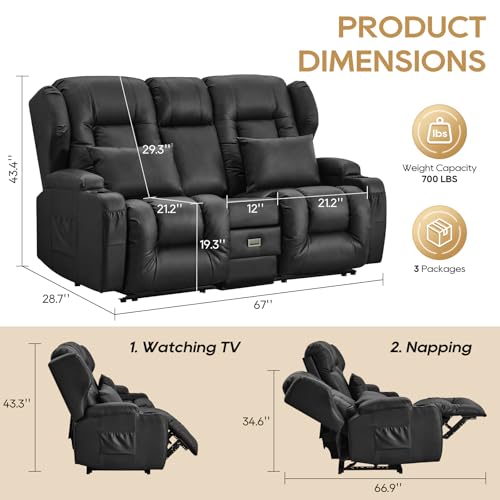 Image of IPKIG 67 inch RV Loveseat Double Recliner Sofa with FILP Back Console, Storage Drawer, Side Pockets, Faux Leather Manual Reclining Chair Home Theater Seating (Black)