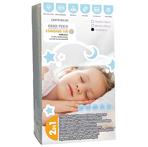 Bisoo 105x190 / 105x200 cm für Juniorbett - 2in1 wasserdichte Spannbettlaken - Spannleintuch + Wasserfester Matratzenschoner - 100% Jersey Baumwolle Oeko-Tex 160GSM (200x105 cm Grau)