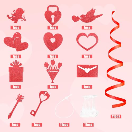 Image of Festiko Cardstock 11 Pcs Valentine's Day Hanging Swirl Decorations (Swirls 2), Red Hearts Swirls For Love Decoration