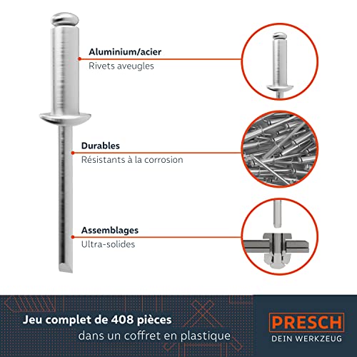 Kit de rivets aveugles Presch en alu et acier avec forets pour fixations durables - 5