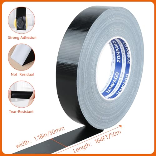 Image of ZOMPAGO Black Duct Tape 1.18in x 164FT Heavy Duty Waterproof Cloth Tape for Repair Outdoor Home Car RV Awning Tent Fabric Tear