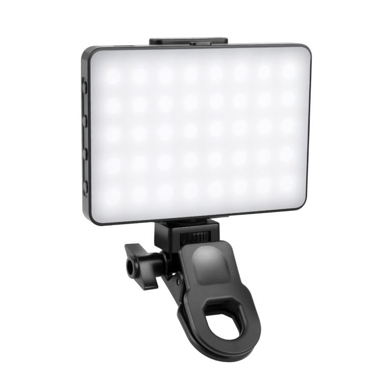 Luce portatile RGB per selfie e telefono, luce a clip per webcam per computer portatile | Luce video RGB completa a 360°. 94 LED (CRI 90+), 2500-9000K. Batteria pass-through da 1500 mAh. Display LCD, clip