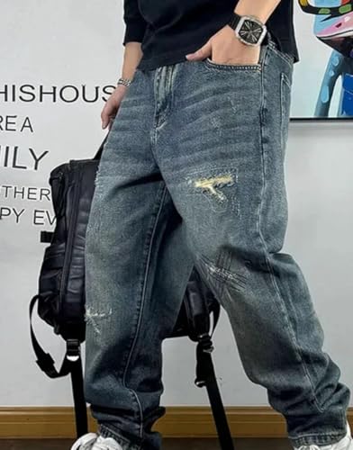 Men’S Vintage Ripped Patch Regular Straight Cargo Pants Button Fly Midweight Distressed Casual Full Length Jeans3