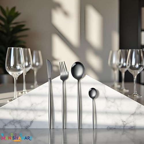 Image of Slim Handle Black 16 Pcs Stainless Steel Cutlery Set for Dining Table, Dishwasher Safe Glossy Flatware (4 Spoon Set + 4 Forks Set + 4 Butter Knife + 4 Dessert Spoon)
