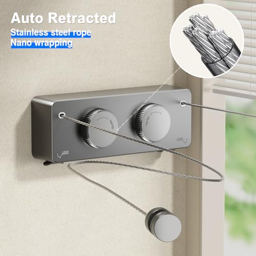 Image of MUSTORN Retractable Twin Clothesline Indoor, Non-Sagging Outdoor Clothes Line Retracting Heavy Duty Clothes Drying Laundry Line Wall Mounted Stainless Steel Line-13.8Feets(Double Line-Gray)