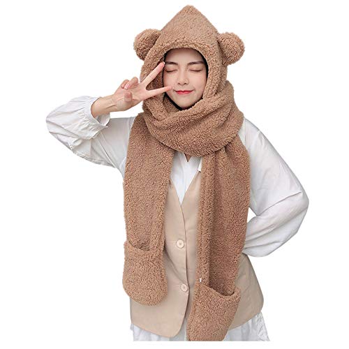 Gorro con Bufanda a Juego Mujer Invierno 2 en 1 Sombrero con Orejas de Conejo Oso Animales Capucha Pasamontañas para Ciclismo Moto Caza Lindo Gorra Polar Felpa Scarf Hat Regalos de Cumpleaños Navidad Cover