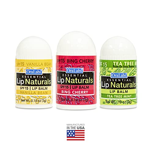 Lip Naturals Assorted Mini Lip Balms with Sunscreen (SPF-15) & Keychain - 12 Count, 3 Flavors: Tea Tree Mint, Vanilla Bean, Bing Cherry (0.10oz/3g Each) - Made in USA