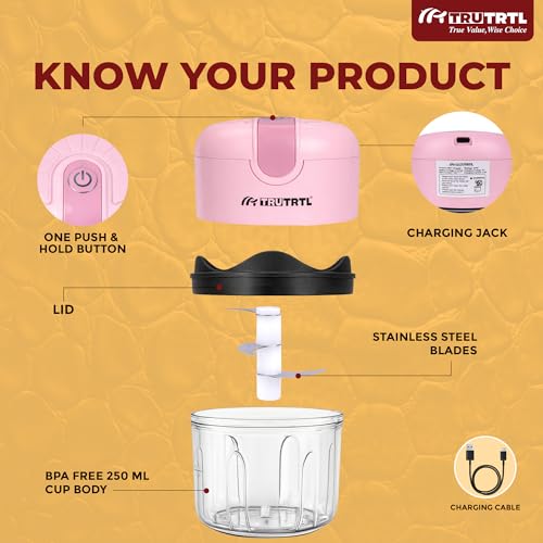 Image of Mr. TRU Smart Electric Mini Chopper for Kitchen | 1200 mAh Battery | Portable Food Processor for Onion, Tomato, Nuts & Vegetable | Multipurpose Cutter | 1 Year Warranty | 250ml (Pink)