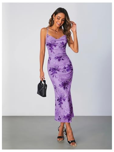 Image of SOLY HUX Women's Floral Mesh Bodycon Cami Dress Cowl Neck Sleeveless Cocktail Party Wedding Guest Long Maxi Dresses