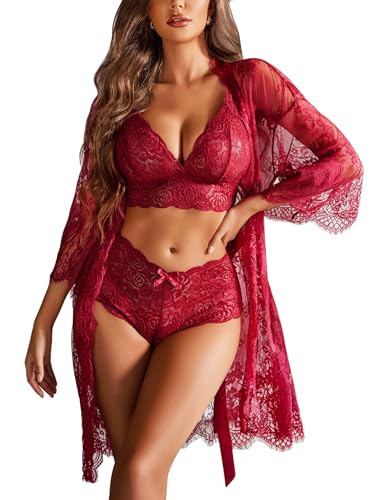 Avidlove Women Sexy Lingerie Set 3 Piece Bra and Panty Lace Kimono Robe Sleepwear Mesh Nightgown Wine Red