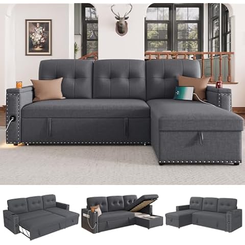 HIFIT Sleeper Sofa Bed- 81" L Shaped Pull Out Couches for Living Room with Storage Chaise, 2 Storage Armrest, LED Light&USB Port&Cupholder, Modern Linen Sectional Home Sofa Living Room Furniture, Grey Cover