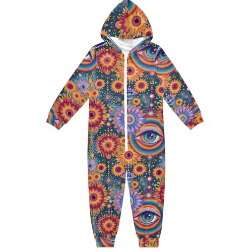 CHIFIGNO Mameluco unisex con capucha para niños y niñas, divertido disfraz de Halloween para niñas y niños, Flores retro coloridas psicodélicas, 9-11 años