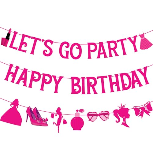 Lets Go Party Happy Birthday Banners for Women Hot Pink Princess Banners for Girl Doll Theme Party Ladies Birthday Cute Photo Backdrop 21st Bday Supplies