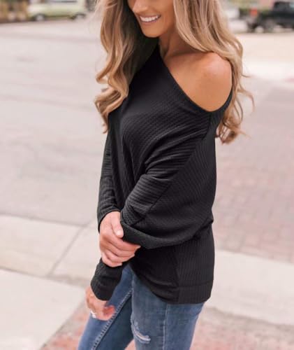 Lacozy Women's Off The Shoulder Tops Waffle Knit Oversized Sweatshirt Long Sleeve Tunic Shirts Pullover Sweaters3