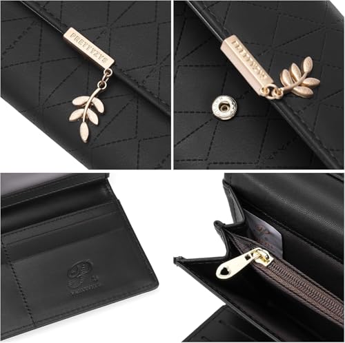 Image of aurrako Wallets for Women Leather Credit Card Holder RFID Trifold Ladies Wallets Coins Zipper Pocket with ID Window Large Capacity (Black)