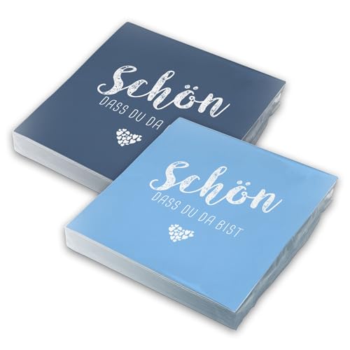 itenga Servietten Schön dass du da bist 30 x 30cm 3-lagig 40 Stück für Kommunion Konfirmation Hochzeit Taufe und andere Feiern (MixPack - 20x Dunkelblau und 20x Hellblau)