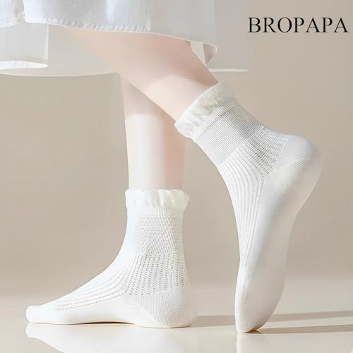 Image of Women Ruffle Ankle Socks Cotton Casual Breathable Soft Cool Knit Lettuce Cute Girl Frilly Crew Socks Mary Jane socks 5 Pack