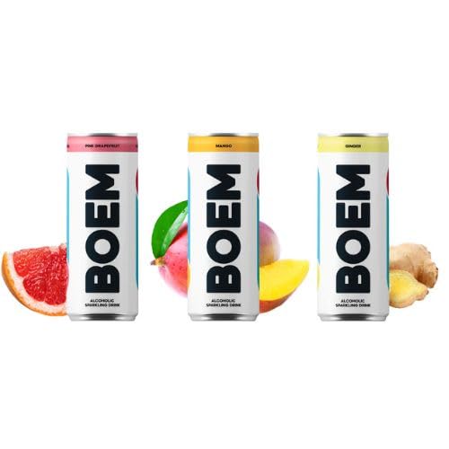 BOEM Hard Seltzer - MIX MANGO - ZENZERO - POMPELMO ROSA - 12 Lattine da 250ml Bevanda Alcolica Frizzante a basso contenuto Calorie - Senza Glutine - Senza Zucchero - Vegan -