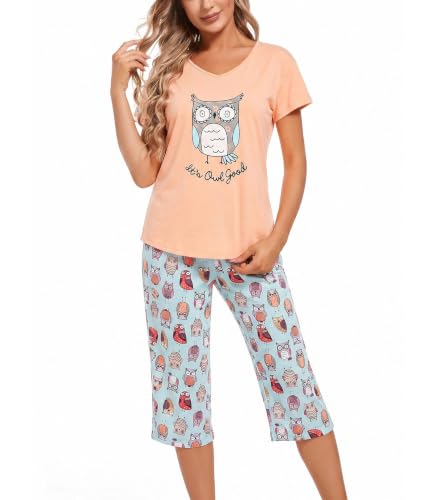 Image of ENJOYNIGHT Womens Pajama Sets Cotton Pj Set Short Sleeve Top With Capri Pants Sleepwear 2 Piece Lounge Set
