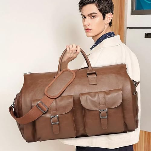 Sac de duffle à roulettes en PU brun avec sangle réglable confort