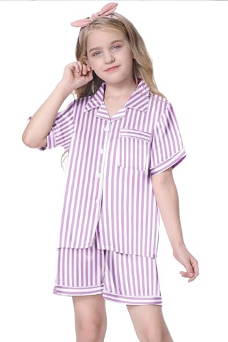 Image of Schbbbta Girls Womens Pajamas, Satin Silky Pjs Set Kids 2Pcs Button-Down Nightwear Sleepwear Gift for Mommy and me