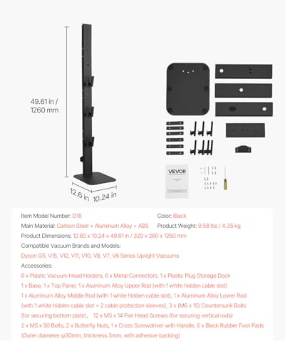 Image of VEVOR Vacuum Stand Compatible with Dyson G5 V15 V12 V11 V10 V8 V7 V6 Series Upright Vacuums Cleaners & Accessary, Stable Storage Stand Holder with 6 Hooks and Non-Slip Footpads, Black