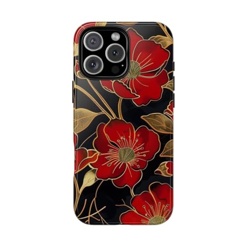 Coque iPhone 16 Pro Max chic avec motif floral doré et rouge haute protection