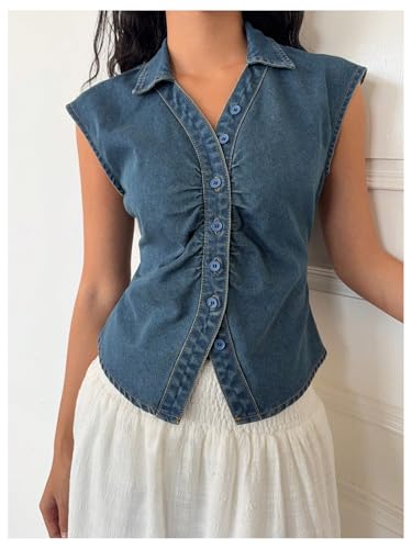 WDIRARA Women's Button Down Denim Vest Top Ruched Cap Sleeve Collar Jean Top2