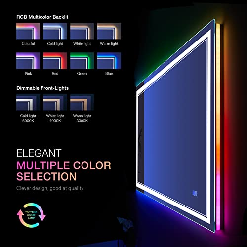 40x30 Inch RGB LED Bathroom Mirror with Lights, Color Changing RGB Backlit LED Mirror for Bathroom,Lighted Vanity Mirrors for Bathroom Wall, Dimmable, Anti-Fog (RGB Backlit+Front-Lit)