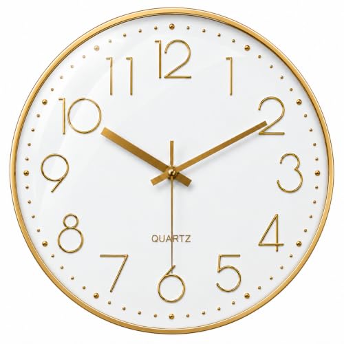 Image of SURPN Wall Clock, Silent Non Ticking, 10 Inch Small Wall Clocks, Battery Operated Decorative Modern Round Wall Clock for Office, Home, Bathroom, Kitchen, Bedroom, School, Living Room - Champagne Gold