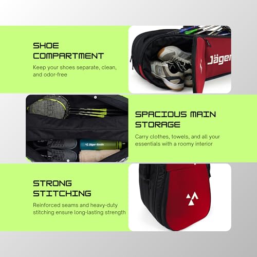 Image of Jager-Smith Polyester ORCA Red & Black Double Zipper Badminton Sports Bag with Shoe Compartment | Front Zip Pocket| Made in India
