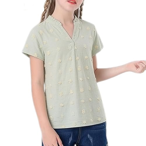 Image of Girls Shirts Short Sleeve Chiffon Shirts Swiss Dot Blouses Top Teen Girls V-Neck Tunics Tee Size 9-14 Years